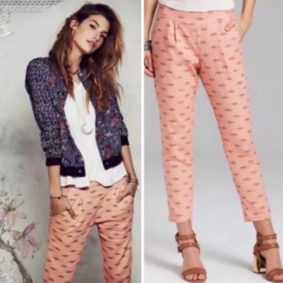 Free People linen aztec print ankle pants.color Peach Size L - Picture 2 of 14